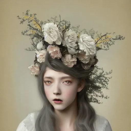 Image similar to 8k, octane render, realism, tonalism, renaissance, rococo, baroque, portrait of a young lady wearing long white and pale grey manga dress with flowers and skulls, background chaotic gold leaf flowers