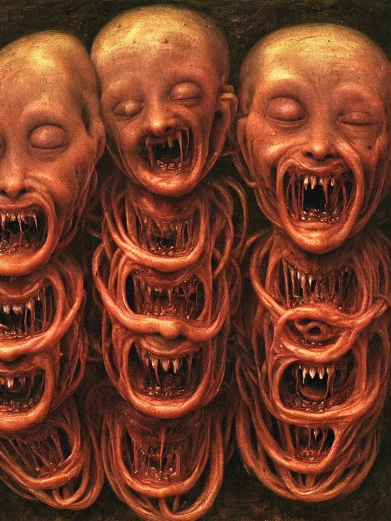 Prompt: siamese twins made of spaghetti, looking straight into camera, screaming in agony, 1 9 4 0 s, by giuseppe arcimboldo and ambrosius benson, renaissance, intricate and intense oil paint, a touch of beksinski and hr giger and edward munch, realistic