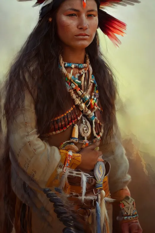 Prompt: beautiful young Cherokee woman in a native american outfit, close-up portrait, intricate, high resolution, cinematic lighting, scenery, digital painting, highly detailed, artstation, sharp focus, illustration, concept art, ruan jia, steve mccurry and Irakli Nadar