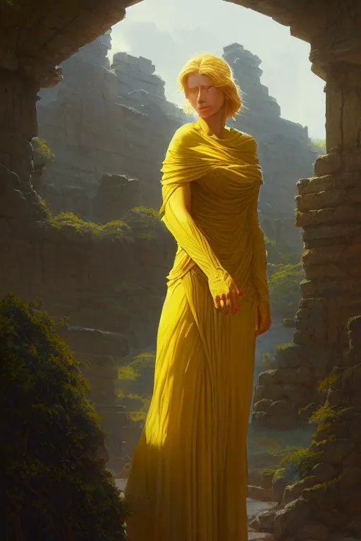 Prompt: invisible woman wearing an ancient greek tunic made of yellow paper, stephen bliss, unreal engine, fantasy art by greg rutkowski, rhads, ferdinand knab, makoto shinkai and lois van baarle, ilya kuvshinov, rossdraws, tom bagshaw, global illumination, radiant light