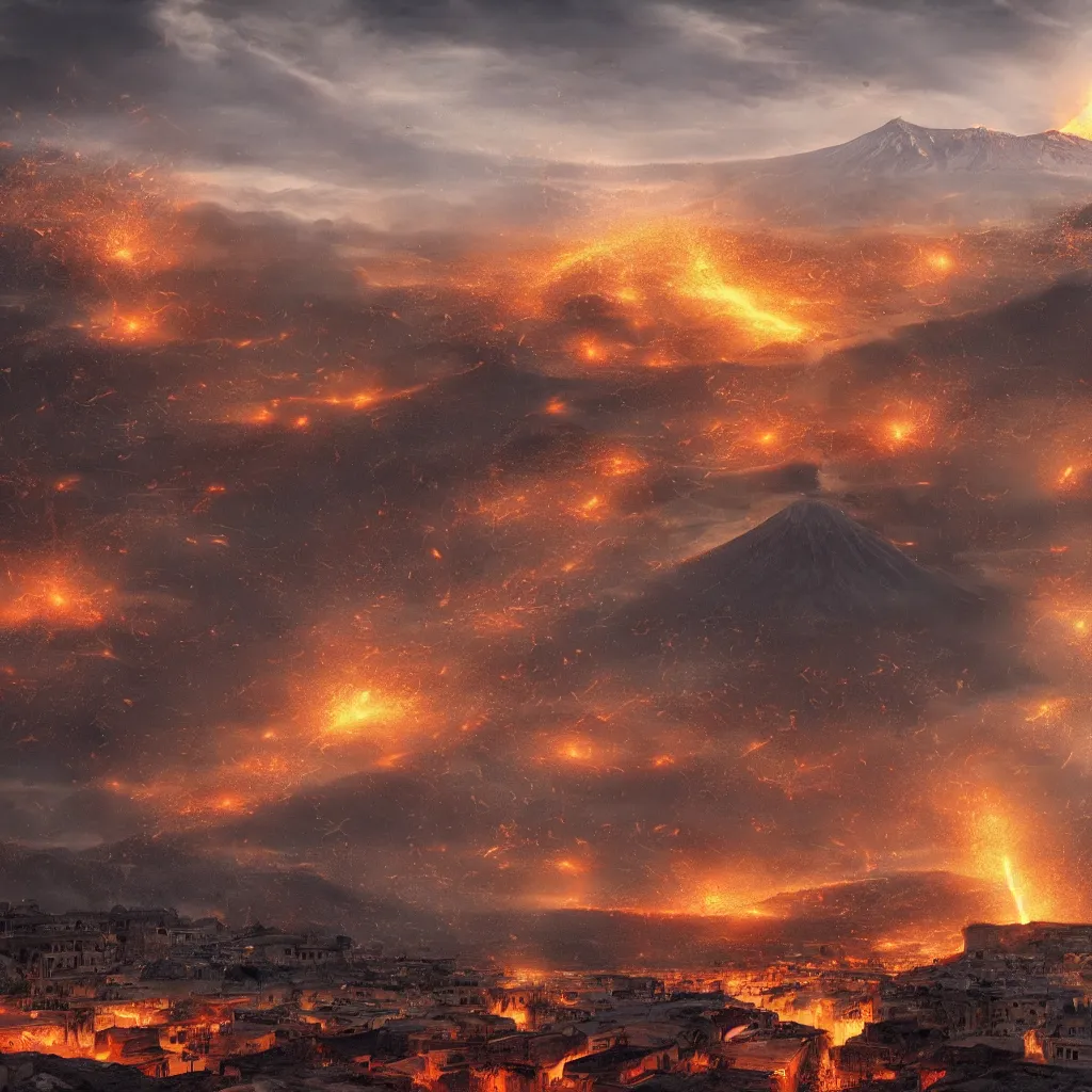 Image similar to Grand Pompeii city facing the erupting volcano, by Sebastian Luca photorealistic cinematic volume lighting