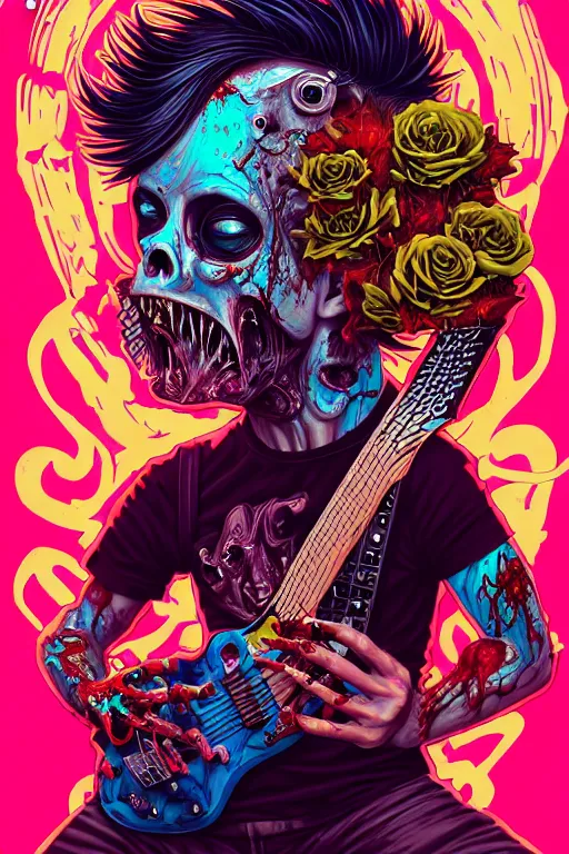 Prompt: zombie punk rocker playing guitar, tristan eaton, victo ngai, artgerm, rhads, ross draws, intricated details, 3 / 4 view, full body portrait, extremely luminous bright design, horror, pastel colours, toxic drips, autumn lights