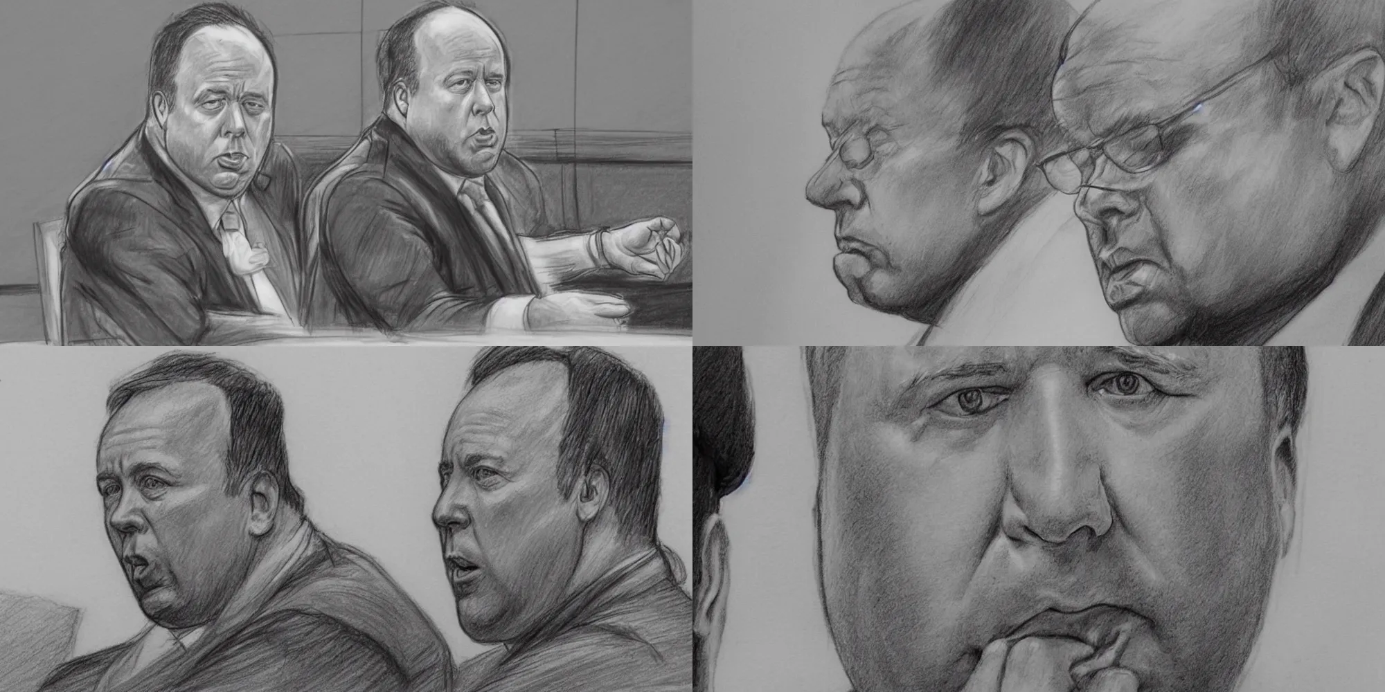 Prompt: courtroom drawing of alex jones losing millions and millions of dollar, his face is filled with pain and impotent rage, professional pencil sketch