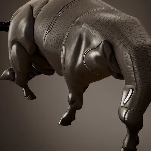 Prompt: a standing bull android modeled after a bull made of hard rubber looking into the camera, android, cyborg, half body, intricate, 3 d, fantasy, depth of field, octane render, symmetrical, hyper realism, highly detailed, digital art, artstation, concept art, cinematic lighting, trending