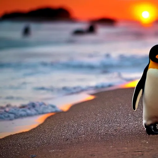 Prompt: penguin at the beach during sunset. high details