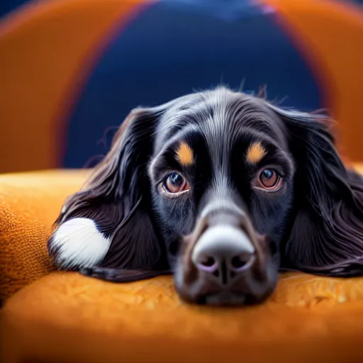 Prompt: a cute sprocker spaniel spread out on a plush blue sofa. Award winning photograph, soft focus, depth of field, rule of thirds, national geographic, golden hour, style of Vogelsang, Elke, symmetric