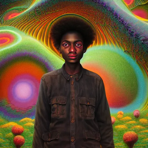 Prompt: a black boy dressed like an explorer in a field of candy, by Adi granov and afarin sajedi and amanda sage and evgeni gordiets and Agostino Arrivabene and adonna khare in a psychedelic portrait style, ultrarealistic matte painting, volumetric lighting, fractal, extremely symmetrical, highly detailed face, orisha, 8k, hd