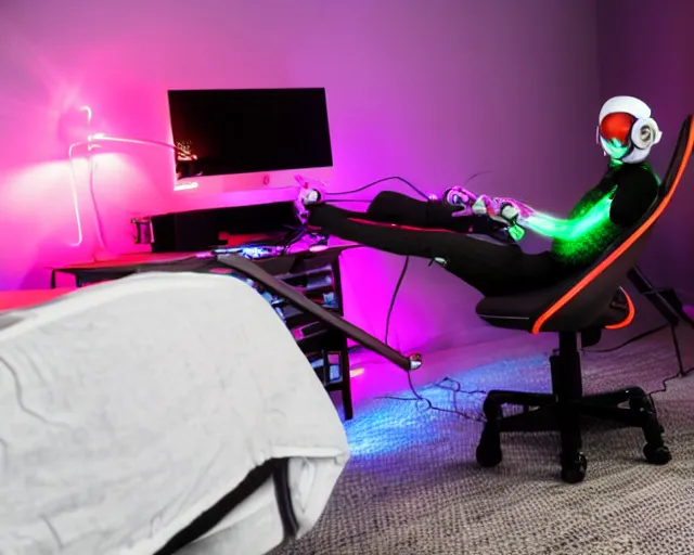 Image similar to an alien - spider hybrid in spandex bodysuit playing computer games in a streamer bedroom, sitting in gaming chair, wearing gaming headset, rgb wall light