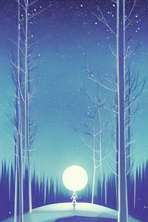 Prompt: A retro glossy white robot stands in the middle of a forest in the centre of the frame. softly glowing blue trees at night. The sky above has many stars and a beautiful blue aurora. Comet in the middle of the sky. The ground is icy and it is snowing. Cyril Roland naomi okubo. Trending on artstation. Digital painting.