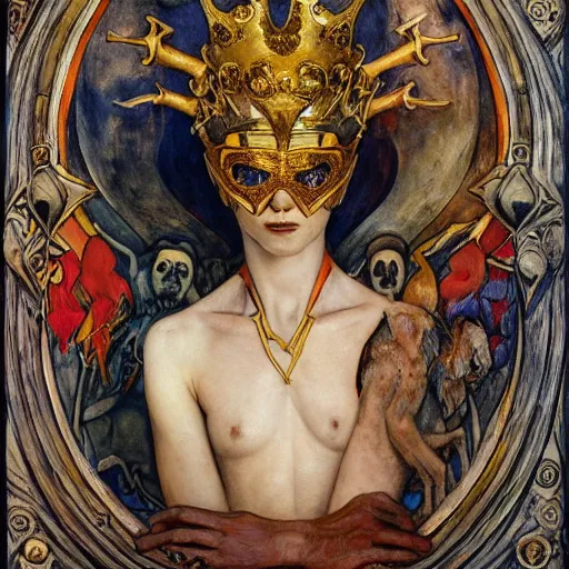 Image similar to the masked prince wearing the bone crown, by Annie Swynnerton and Diego Rivera and Elihu Vedder, symbolist, dramatic lighting, elaborate geometric ornament, tattoos, Art Brut, soft cool colors,smooth, sharp focus, extremely detailed, Adolf Wölfli and Donato Giancola