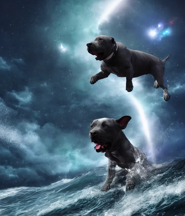 Image similar to photo of a dark gray coat pit bull with a white paws and a white nose!, surfing on a surfboard in a crashing wave of alien galaxy, trending on art station, ocean in space, background is an alien galaxy, aliens in the background, alien colors, octane render, unreal engine, wide view, 8 k, highly detailed