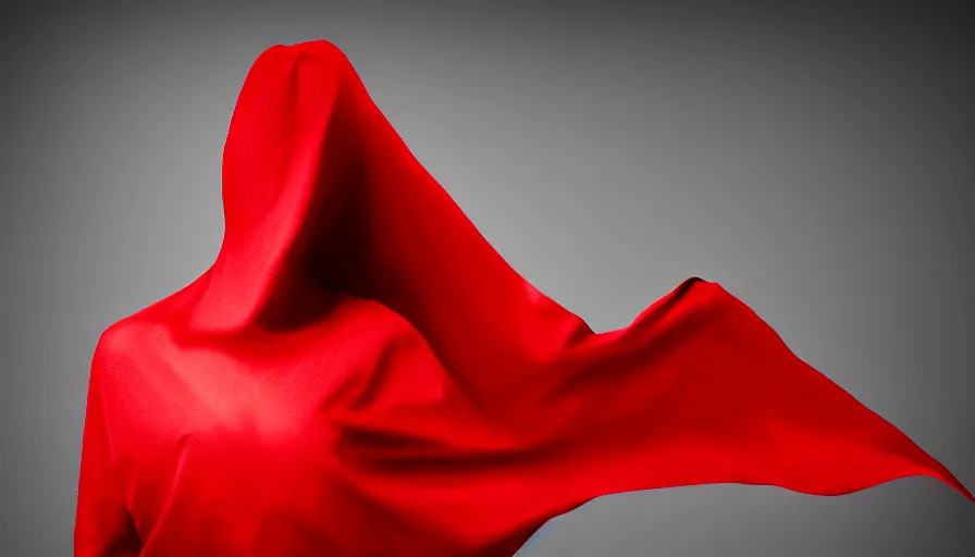 Image similar to fashion photograph of invisible figure wrapped in red sheet in darkness, high contrast, hard light, digital art, rendering, cloth simulation, redshift