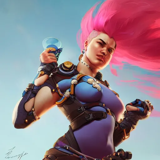 Image similar to character portrait of Zarya from Overwatch, intricate, wild, highly detailed, digital painting, artstation, upper body, concept art, smooth, sharp focus, illustration, art by artgerm and greg rutkowski and alphonse mucha