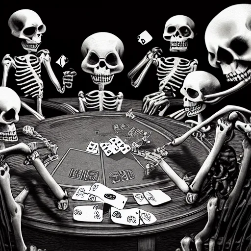 Prompt: a group mafia of skeletons playing cards, gambling, drinking alcohol and smoking around a round table, decade 20s, old film, digital fantasy art, trending in deviantart, hyperdetailed, high quality, cinematic