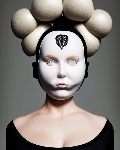 Prompt: symmetrical portrait of a curvy woman wearing a silicone embroidered pueple beauty mask and white hair buns, wearing a black bodysuit by alexander mcqueen, cream white background, soft light, biotechnology, humanoide robot, bjork aesthetic, translucent, by rineke dijkstra, intricate details, highly detailed, masterpiece,