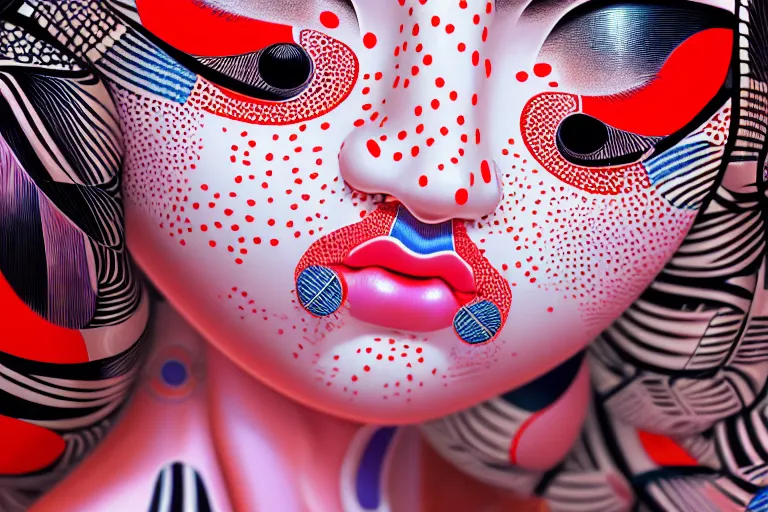 Image similar to hyperrealistic detailed image of a geisha laying in a art installation room, hd smooth interior by yayoi kusama, part by kei mieno, part by alex gray, part by ross tran, part by james jean, ultra realistic, highly detailed, life like face, detailed body, 8 k, octane render, trending on artstation, very cohesive, masterpiece