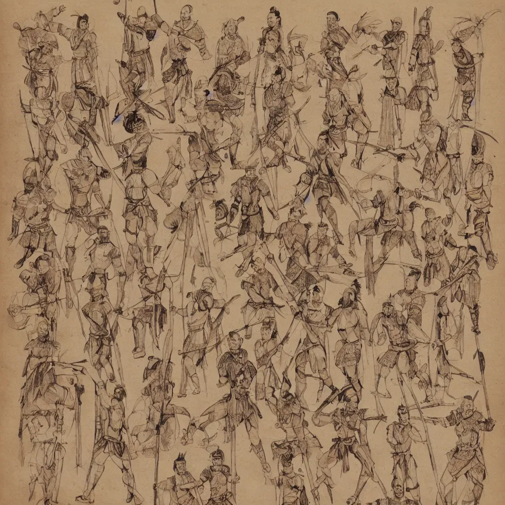 Prompt: warriors in ancient china anatomy sketch, marginalia, sepia tone, character sheet, vitruvian man, karuta armor, highly detailed, photorealistic