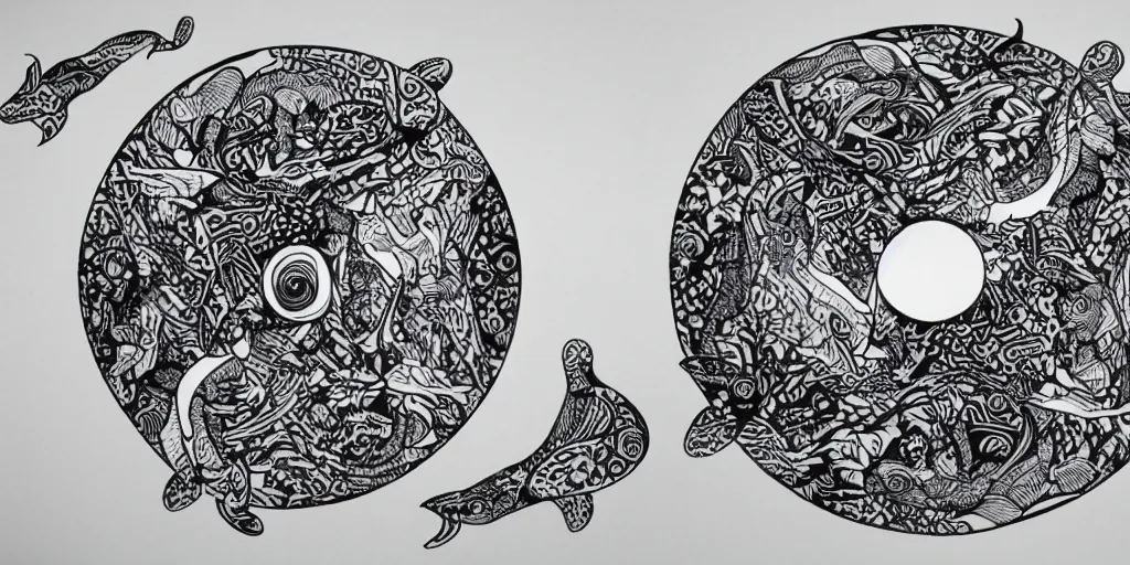 Image similar to realistic scene of whales as ying yang, golden, delicate, hyper realism, 1 4 5 0, ink, ultra realistic, 8 k