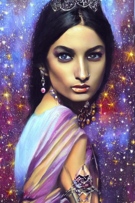 Image similar to hyperrealism oil painting, close - up portrait of european brunette indian fashion model, queen, steel gradient mixed with nebula sky, in style of baroque mixed with 7 0 s japan book art