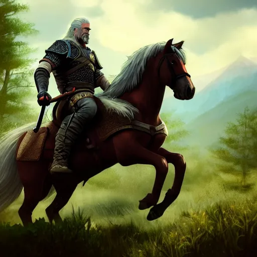 Image similar to Geralt of Rivia riding a horse in forest, 4k, artstation, cgsociety, award-winning, masterpiece, stunning, beautiful, glorious, powerful, fantasy art