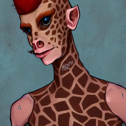 Image similar to Beautiful portrait digital painting, oil painting, anthro anthropomorphic giraffe androgynous , at a lake anarchist anarcho-punk Punk Punk outfit. furaffinity, artstation