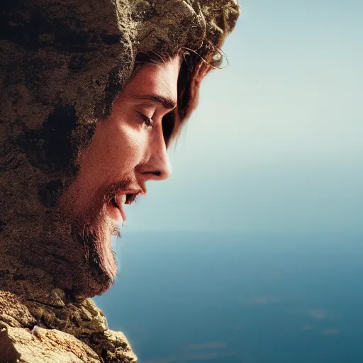 Prompt: Jesus Christ’s head sticking out from a tomb in a cliff side, cinematic perspective, movie shot, 8k, full hd