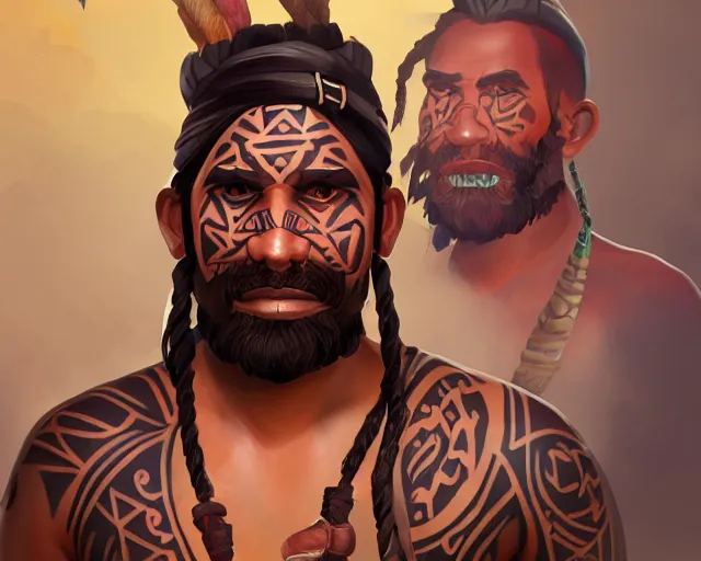 Prompt: sea of thieves character portrait concept art for a tribal native man with polynesian tattoos on his face and a nose ring, cgsociety, trending on artstation, rare ltd,