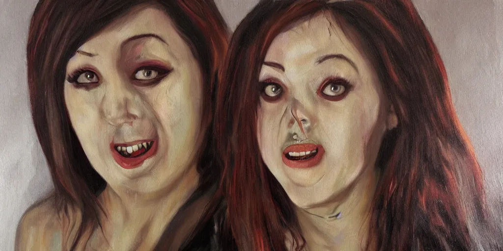 Image similar to creepy oil painting of kaceytron smiling sinisterly