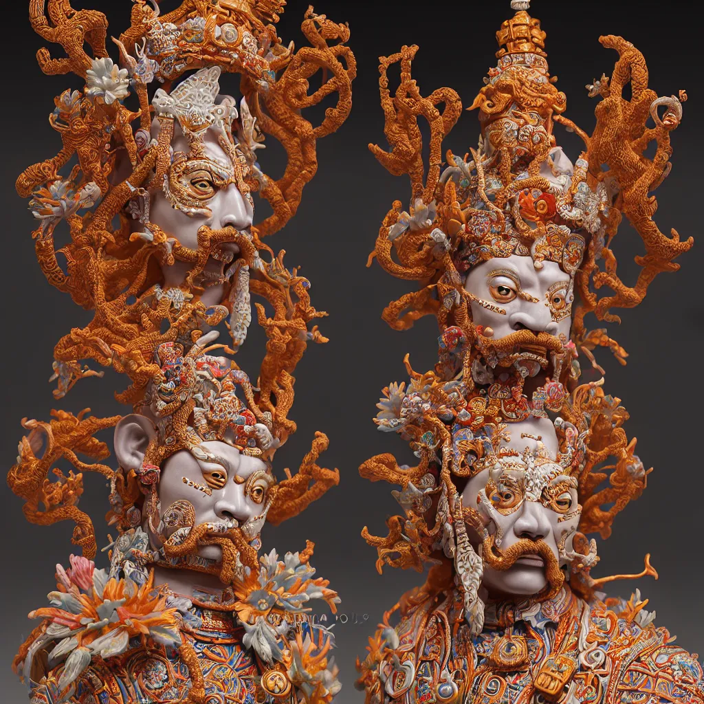 Image similar to A photo-real delicate ceramic porcelain sculpture of an ornate detailed mayan king in front of a intricate background by Victo Ngai and takato yamamoto, micro detail, backlit lighting, subsurface scattering, translucent, thin porcelain, octane renderer, colorful, physically based rendering, japanese pottery, trending on cgsociety