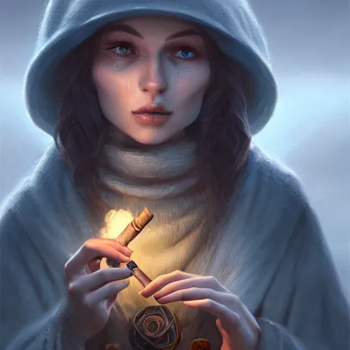 Image similar to mage smoking pipe, female, glacier landscape, D&D, fantasy, intricate, elegant, highly detailed, digital painting, artstation, octane render, concept art, matte, sharp focus, illustration, hearthstone, art by Seb mckinnon