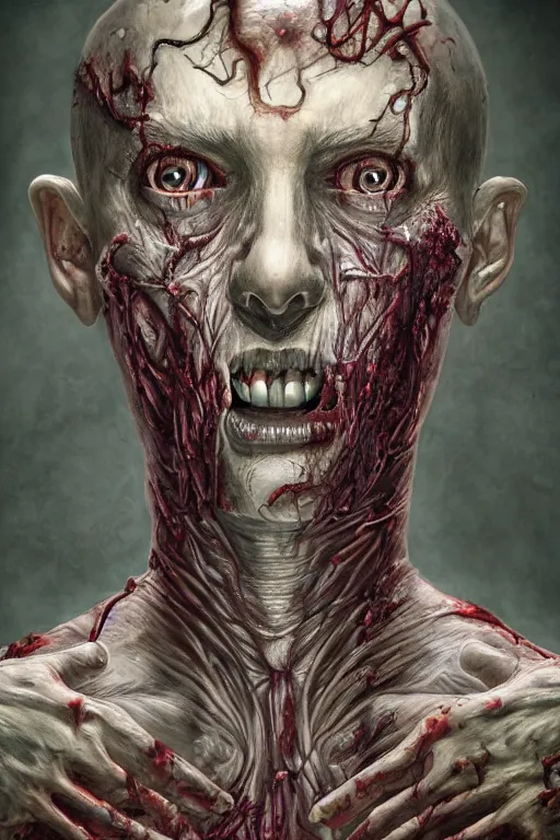 Prompt: cinematic portrait of a zombie. Centered, uncut, unzoom, symmetry. charachter illustration. Dmt entity manifestation. Surreal render, ultra realistic, zenith view. Made by hakan hisim feat cameron gray and alex grey. Polished. Inspired by patricio clarey, heidi taillefer scifi painter glenn brown. Slightly Decorated with Sacred geometry and fractals. Extremely ornated. artstation, cgsociety, unreal engine, ray tracing, detailed illustration, hd, 4k, digital art, overdetailed art. Intricate omnious visionary concept art, shamanic arts ayahuasca trip illustration. Extremely psychedelic. Dslr, tiltshift, dof.  64megapixel. complementing colors. Remixed  by lyzergium.art feat binx.ly and machine.delusions. zerg aesthetics. Trending on artstation, deviantart