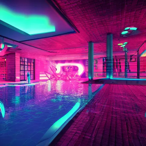 Prompt: A a pool of neon liquid, octane render, high detail, smooth, sharp focus, dynamic lighting, intricate,