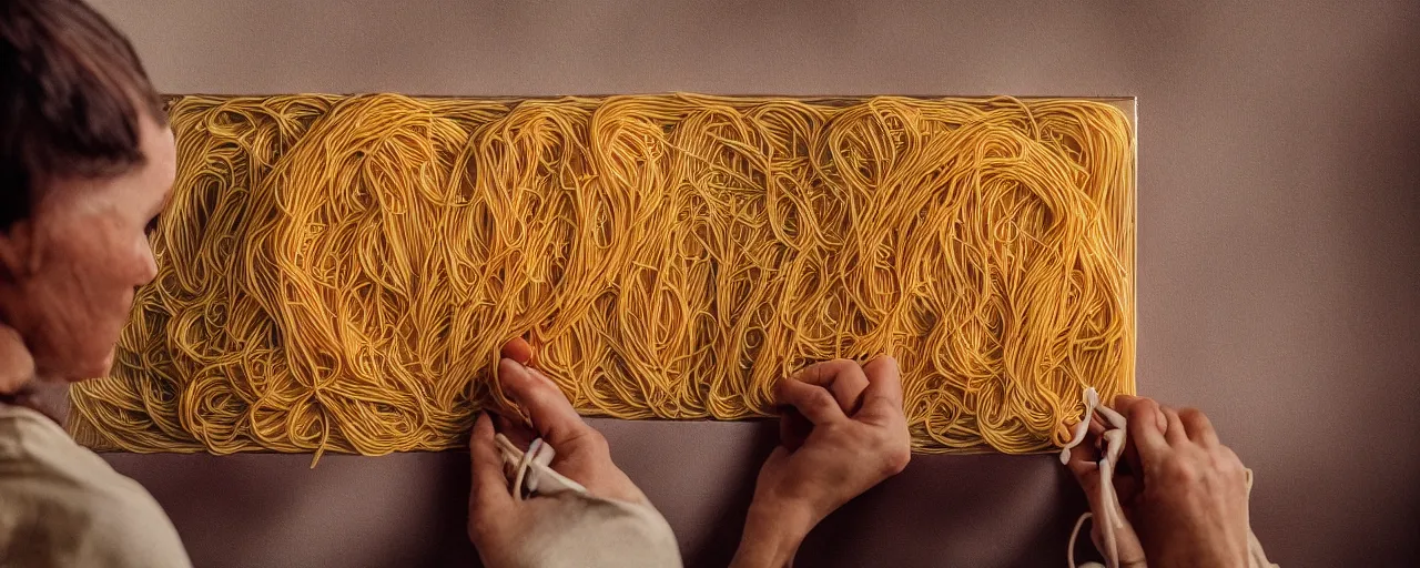 Image similar to an artist painting with spaghetti on a canvas, canon 5 0 mm, cinematic lighting, photography, retro, film, kodachrome, closeup