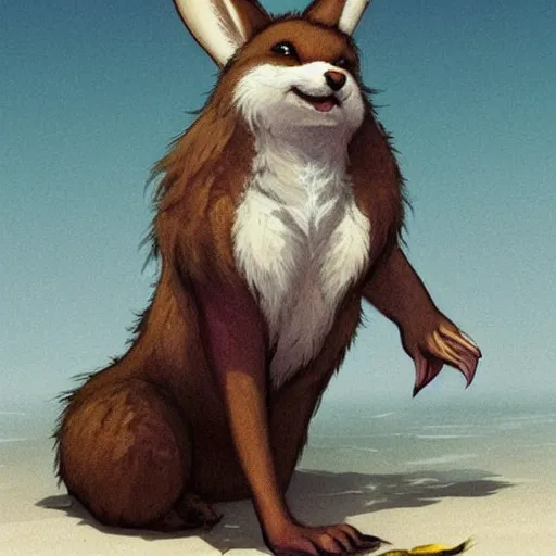 Prompt: an adorable zany girly alluring chubby charming but vicious fennic fox wolf rabbit hybrid, with long floppy rabbit ears, wearing a bow on the top of its head, grinning at the camera with a mischievous look, sharp teeth, happy lighting, at a tropical beach, greg rutkowski and alphonse mucha and jin xiaodi and anthony devine