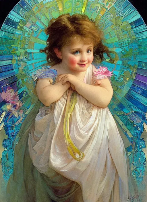 Image similar to a cute little girl with a round cherubic face, blue eyes, and short wavy light brown hair smiles as rainbow colors swirl all around her, chromatic light, rainbow shift. she is wearing a turquoise dress. beautiful painting with highly detailed face by alphonse mucha and artgerm and greg rutkowski