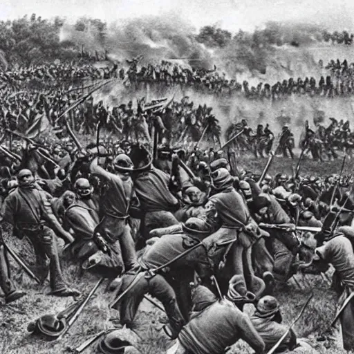 Prompt: minions fighting for the union in the civil war, photograph, battle of gettysburg, 1 8 6 3, high quality, high resolution