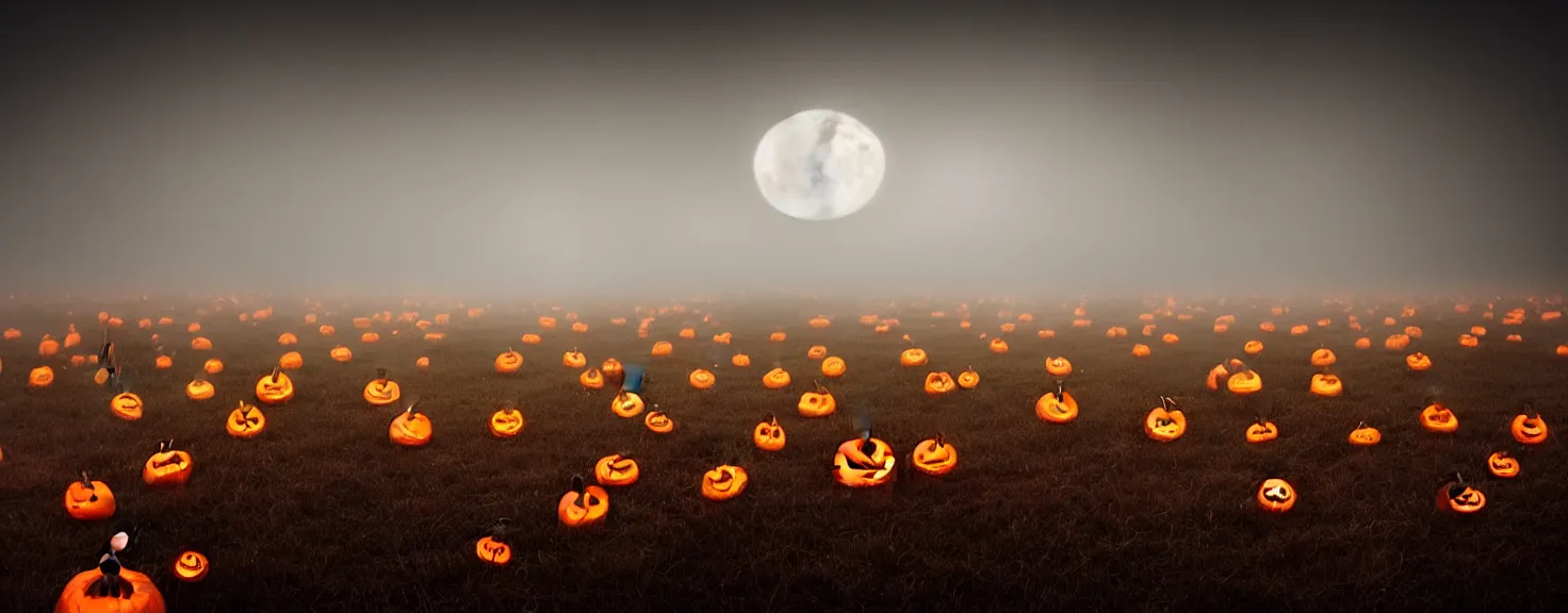 Prompt: A field of scary Halloween pumpkins with eyes looking straight into camera, full moon lighting, foggy November atmosphere, cinematic lighting, super photorealistic image, 4K, super detailed, cinematic look