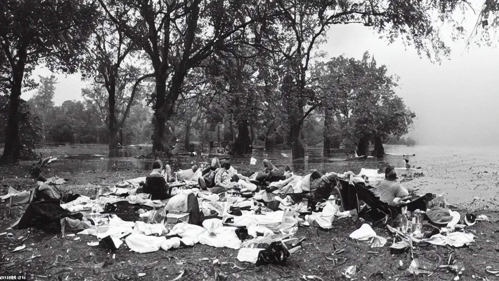 Prompt: climate change catastrophe, storms, floods, torrential rain, lightning, as seen by a couple having picnic in the park, 35mm