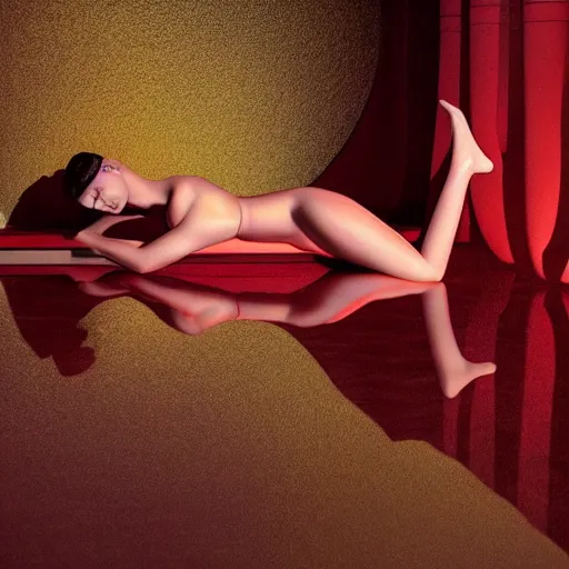 Image similar to Bella Hadid full body laying in a blood red pool of water between a golden mirror frame, outside is space and inside the mirror frame is a beautiful landscape., physically accurate, dynamic lighting, intricate, elegant, highly detailed, digital painting, artstation, HR GIGER, Hieronymus Bosch, Francis Bacon, concept art, smooth, sharp focus, illustration, art by artgerm and greg rutkowski and alphonse mucha