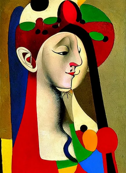 Image similar to portrait of young woman in renaissance dress and renaissance headdress, art by joan miro