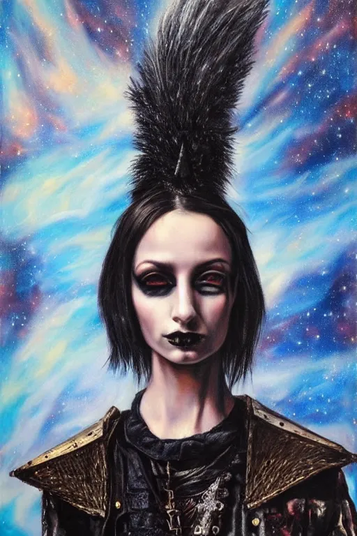 Image similar to hyperrealism oil painting, close - up portrait of punk gothic medieval brunette fashion model, knight, steel gradient mixed with nebula sky, in style of baroque