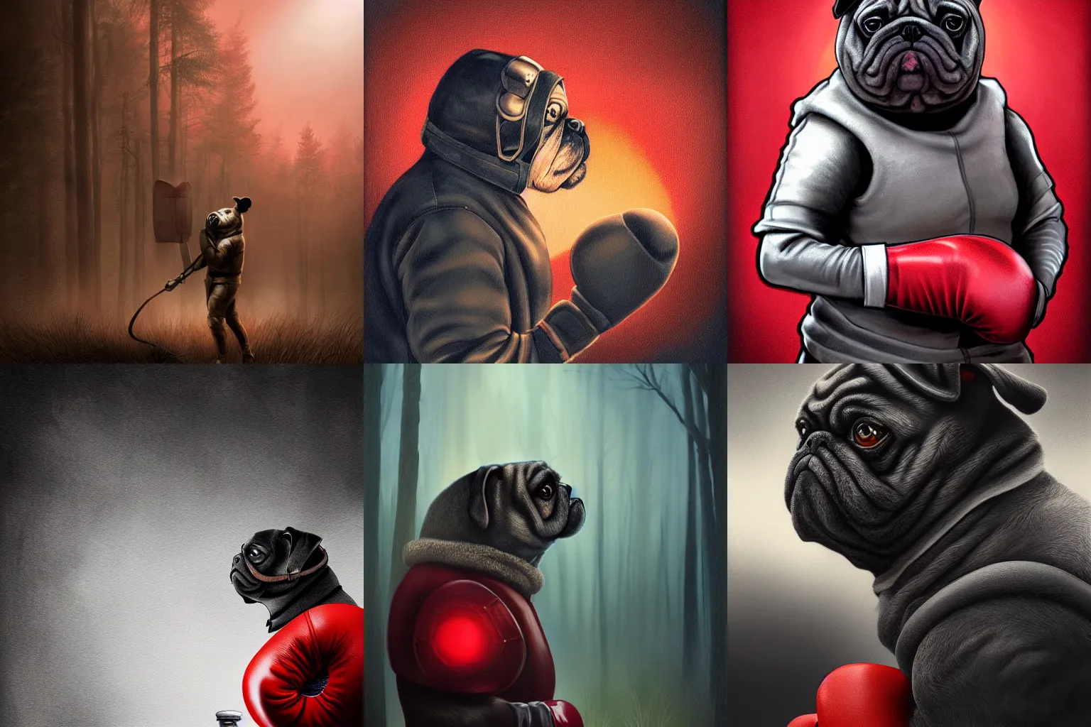 Prompt: artstation very detailed realistic dramatic shaded digital portrait award winning painting , backlight whole body sideview oversized anthropomorphic pug with boxing gloves is wearing medieval armor , moody forest foggy background , tank reclaimed by nature and red sunset backlight