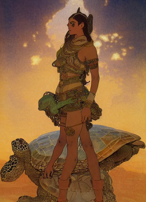 Image similar to a little warrior girl standing on top of a giant turtle in the desert. the girl has dark skin and beautiful green eyes, realistic body and a very beautiful detailed symmetrical face with long black hair. the turtle has a big wise face and closed eyes. diffuse light, dramatic landscape, fantasy illustration by mucha