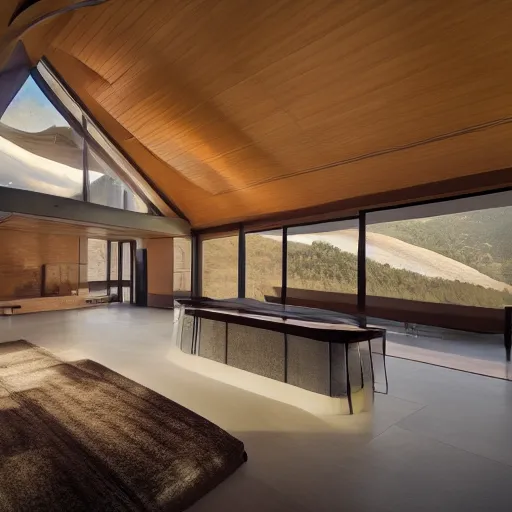 Prompt: by frank lloyd wright, zaha hadid, antonio gaudi, photorealism, hdr, photograph of a modern home set in the mountains, dramatic lighting, highly detailed,