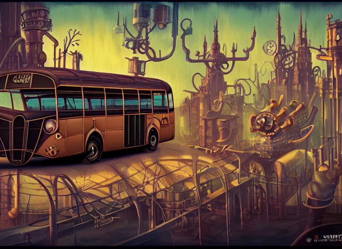 Prompt: matte sharp painting, a steampunk bus, juxtapoz, artforum, gary baseman, preston blair, tex avery, dan mumford, pedro correa