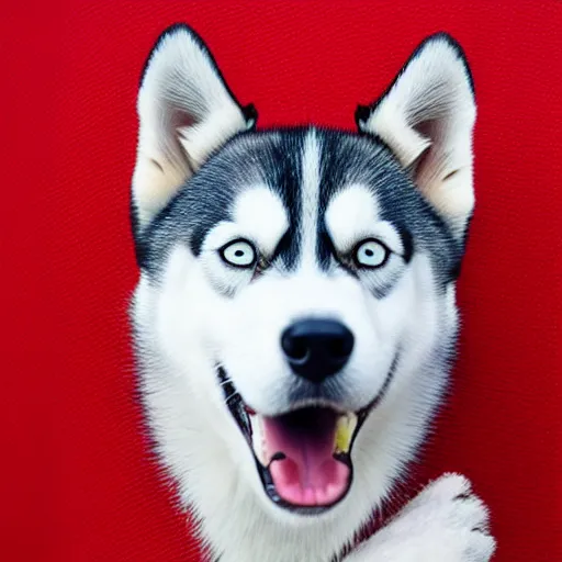 Prompt: a husky wearing a red shirt and looking at a phone screen