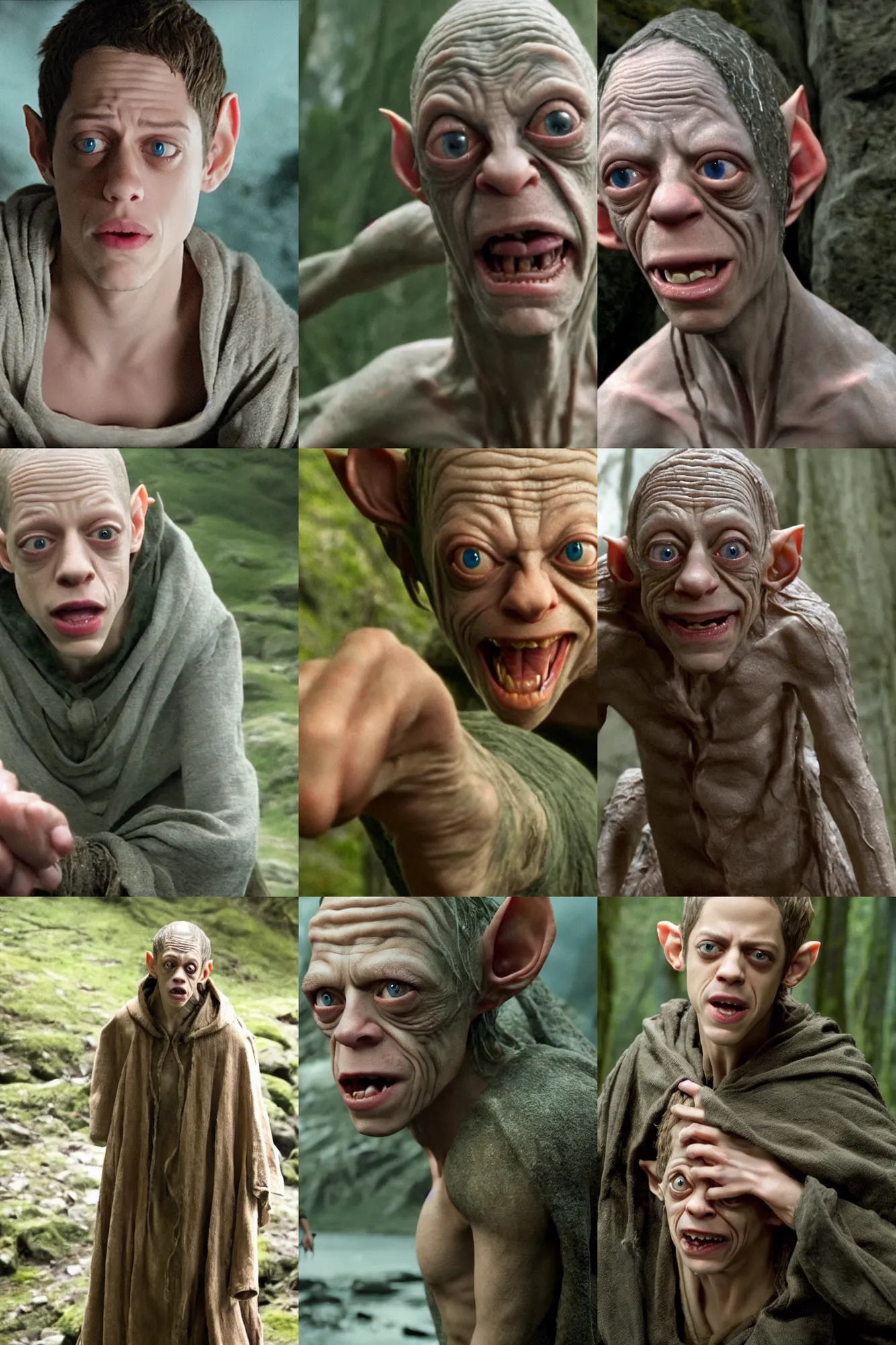 Prompt: movie still of pete davidson!!!!!!!!!!! as gollum!!!!! in the lord of the rings, 4 k, high quality