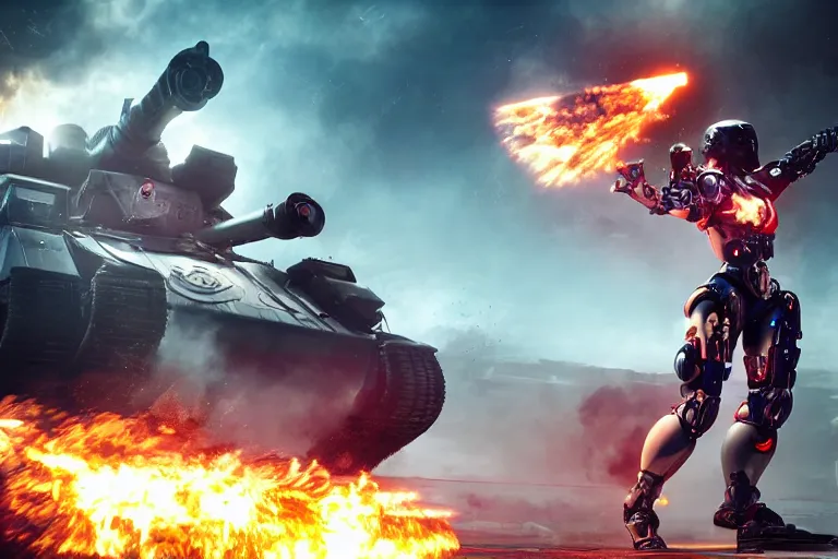 Prompt: an epic view of a futuristic cyborg woman lifting up a tank on the battlefield, dynamic pose, smoke, fires, distant explosions, in the style of masamune shirow, cinematic, hyper - realistic, highly detailed, octane render