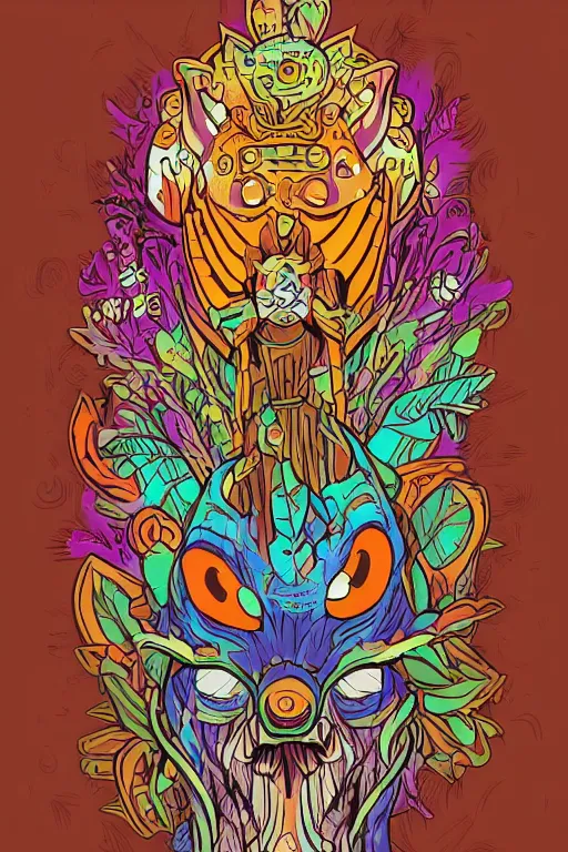 Image similar to animal mask totem roots flower tribal feather gemstone plant wood rock shaman vodoo video game vector cutout illustration vivid multicolor borderlands comics by josan gonzales and dan mumford radiating a glowing aura