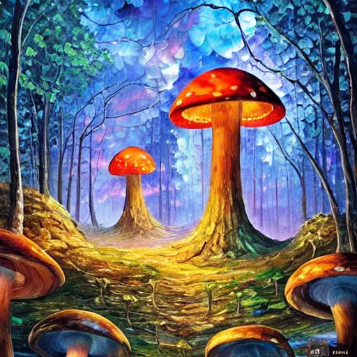 Prompt: glowing mushroom houses in a forest village, mushroom architecture, art by ricardo bofill, james christensen, rob gonsalves, paul lehr, leonid afremov and tim white